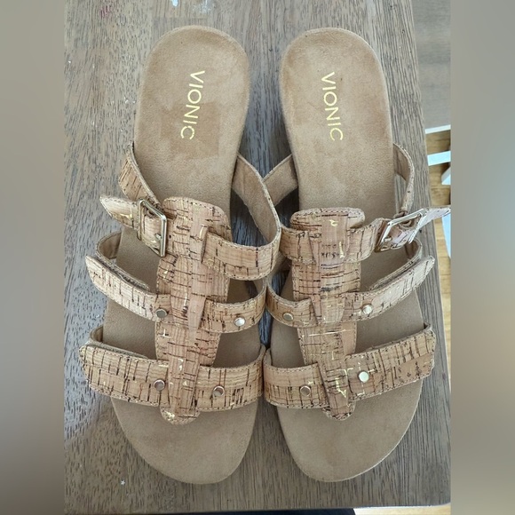 Vionic Shoes - Vionic Sandal wedge Womens 10 wide Adjustable Triple Strap Slip On Orthotic Tan